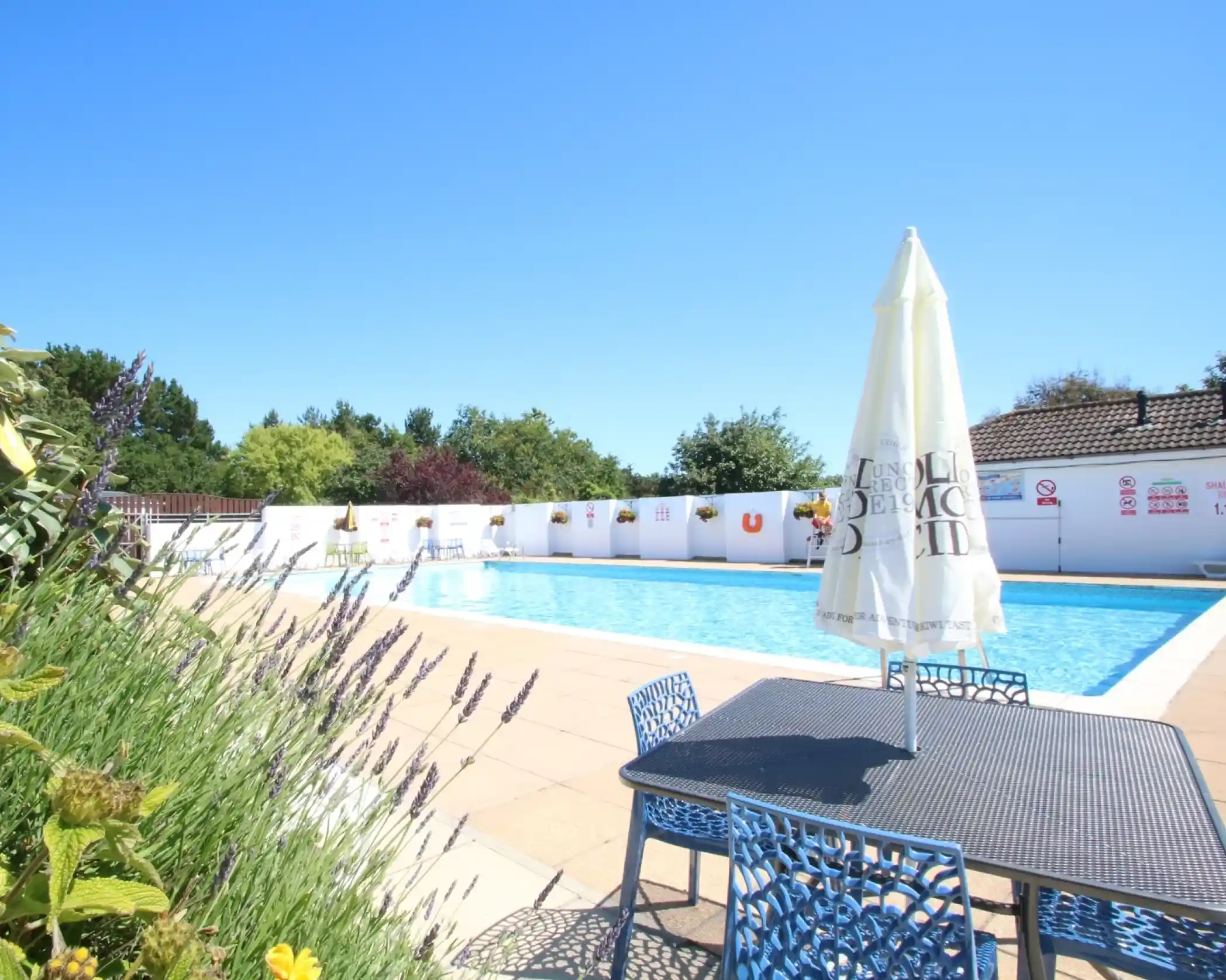 Outdoor swimming pool on a sunny day with clear blue skies, surrounded by a white fence and landscaped greenery. A black patio table with blue chairs and a large umbrella is in the foreground.