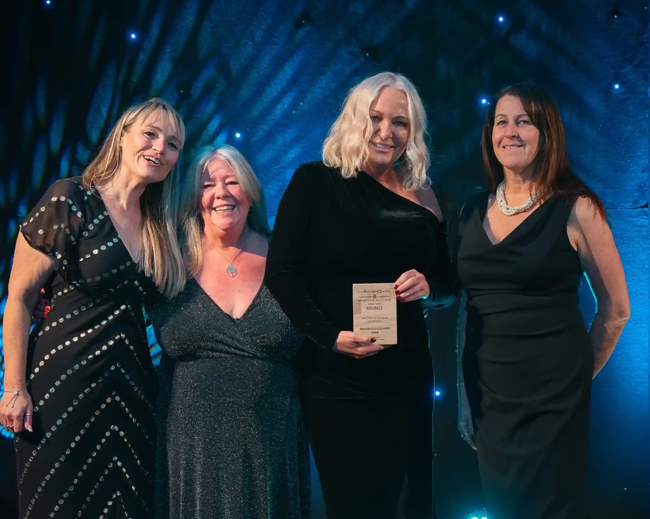 Four women dressed in formal dresses, standing together at an awards event. The second person from the right is holding a wooden award and smiling. The backdrop is dark blue with small glowing lights, creating a celebratory atmosphere.