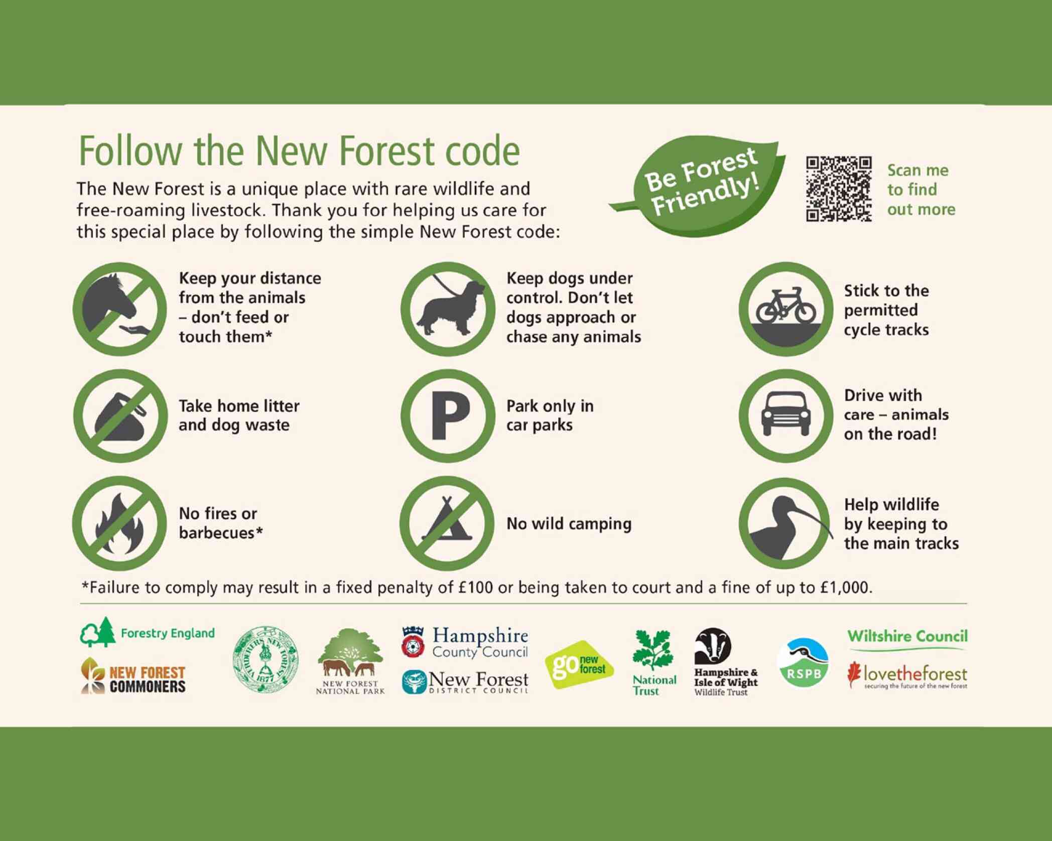Guide outlining the New Forest Code, emphasizing rules for enjoying the area responsibly. Key points include keeping dogs on leads, not disturbing wildlife, proper waste disposal, and adhering to parking regulations. Includes a QR code and logos of supporting organizations.