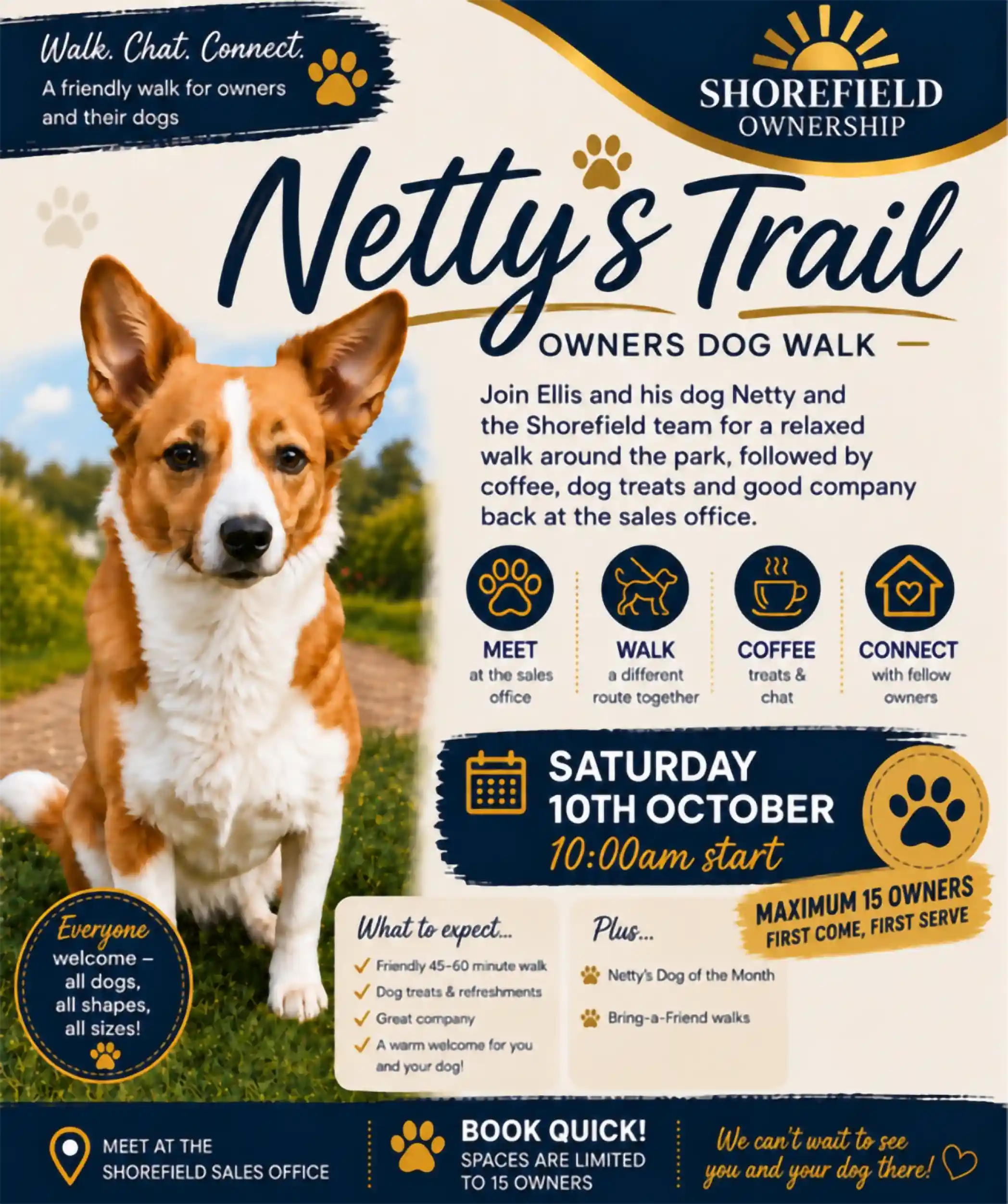 A promotional flyer for "Netty's Trail" dog walk event hosted by Shorefield Ownership. Features a friendly corgi and details about the event, including meeting time, refreshments, and the maximum number of participants. The date is Saturday, October 10th, starting at 10:00 AM.