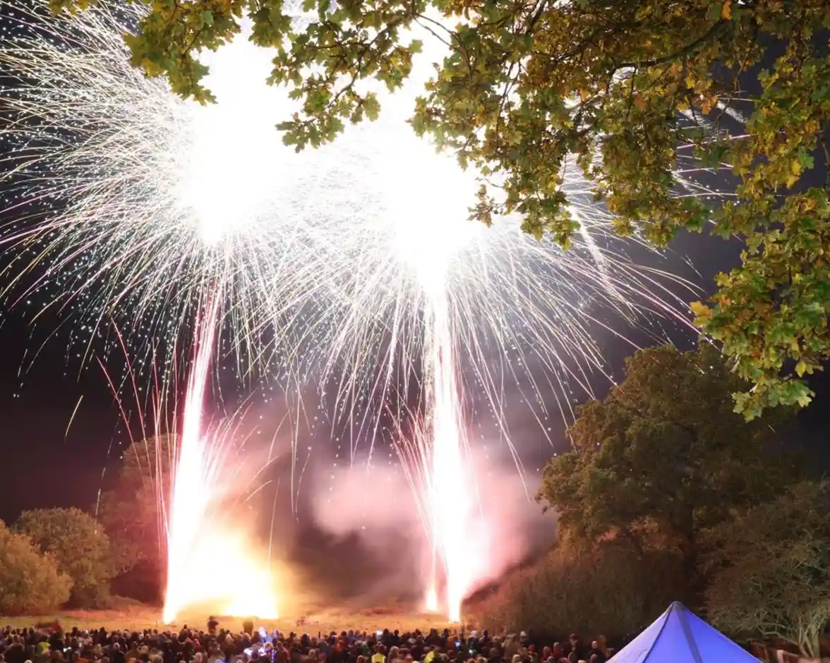 Bright fireworks illuminate the night sky above a crowd gathered in a field, with colorful bursts and trails. Trees and a tent are visible in the foreground.