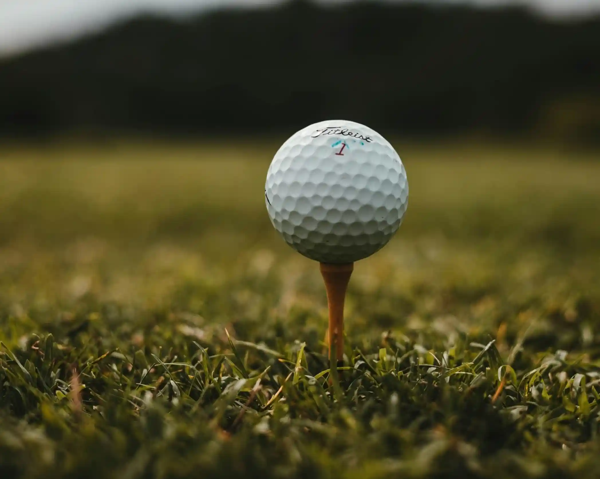 A golf ball with a Titleist logo resting on a wooden tee, surrounded by lush green grass and a blurred background of hills.