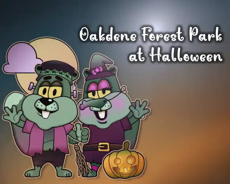 Two cartoon characters dressed in Halloween-themed costumes stand next to a carved pumpkin. The background features a moon and a gradient of colors, enhancing the festive atmosphere. The text reads "Oakdene Forest Park at Halloween."