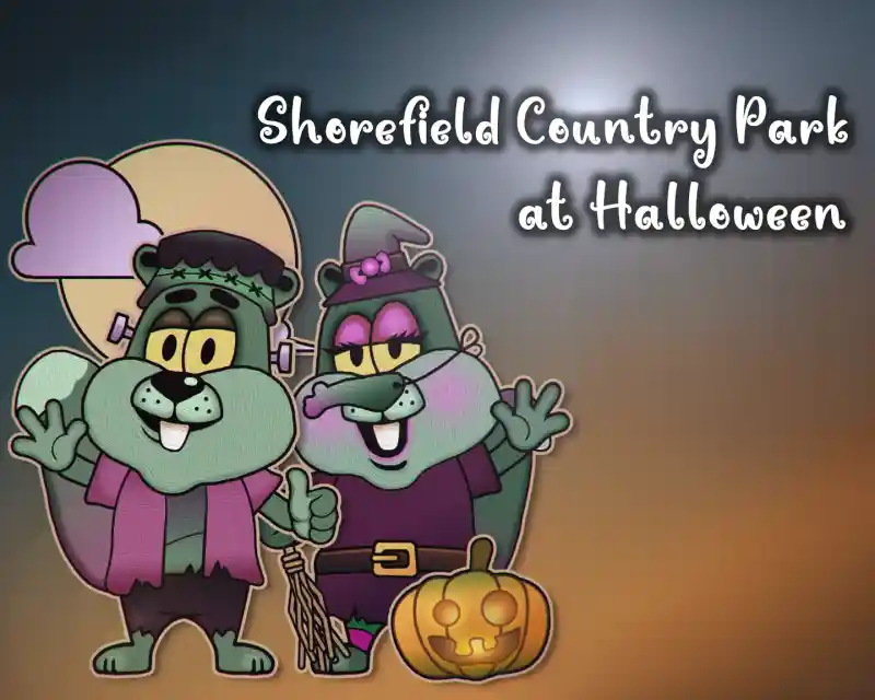 Two cartoon characters dressed in Halloween costumes stand with smiles, surrounded by a pumpkin. The background features a moon and clouds with the text "Shorefield Country Park at Halloween" elegantly displayed above.