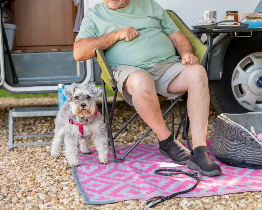A man in a green t-shirt and beige shorts sits in a folding chair next to a small grey dog wearing a pink harness. They are on a gravel surface with a pink patterned rug nearby, and a camper is in the background.