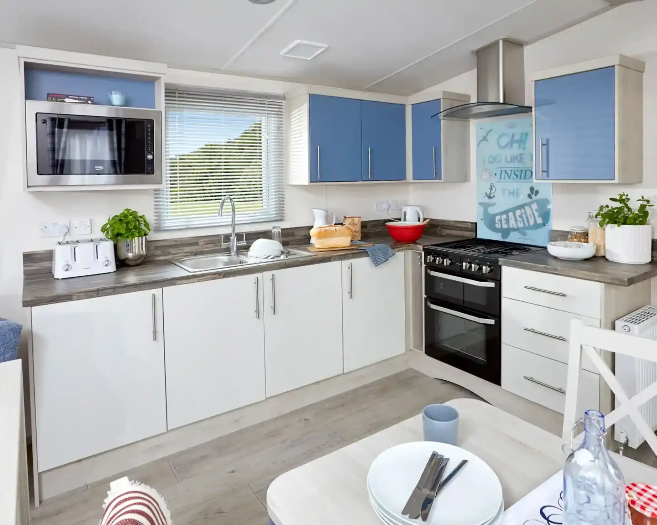A modern kitchen featuring white and blue cabinetry, a stainless steel oven, and a sink under the window. There are kitchen appliances like a microwave and toaster, along with plants and decorative items on the countertop. A dining table with dishes is visible in the foreground.