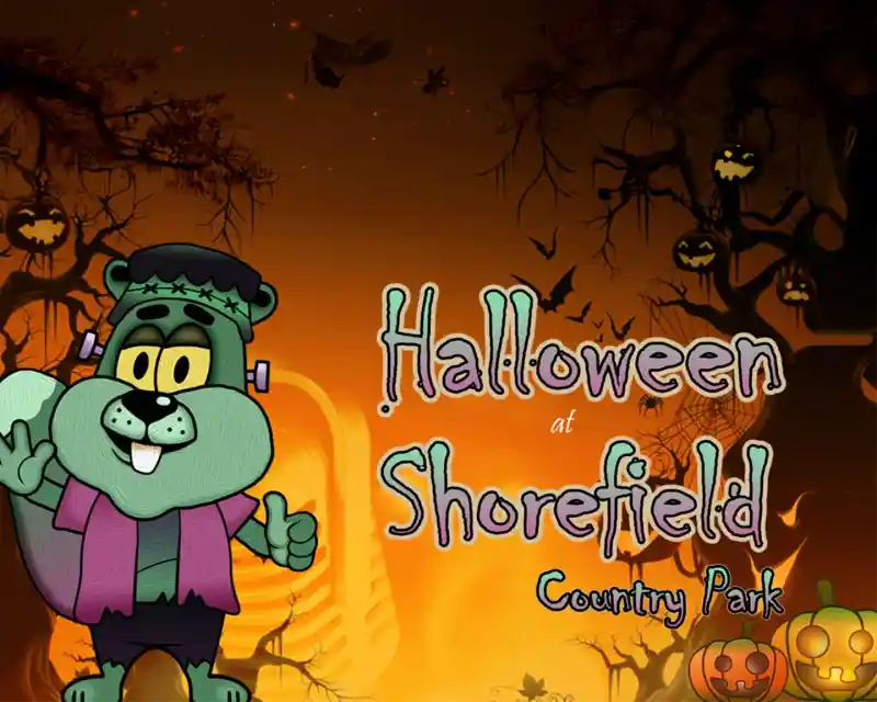 A cartoon character dressed as Frankenstein, with green fur and a purple outfit, waves and gives a thumbs up in front of a spooky, orange-lit forest background. The scene includes flying bats, jack-o'-lanterns, eerie trees with hanging pumpkins, and silhouettes of witches. Text reads: 'Halloween at Shorefield Country Park.