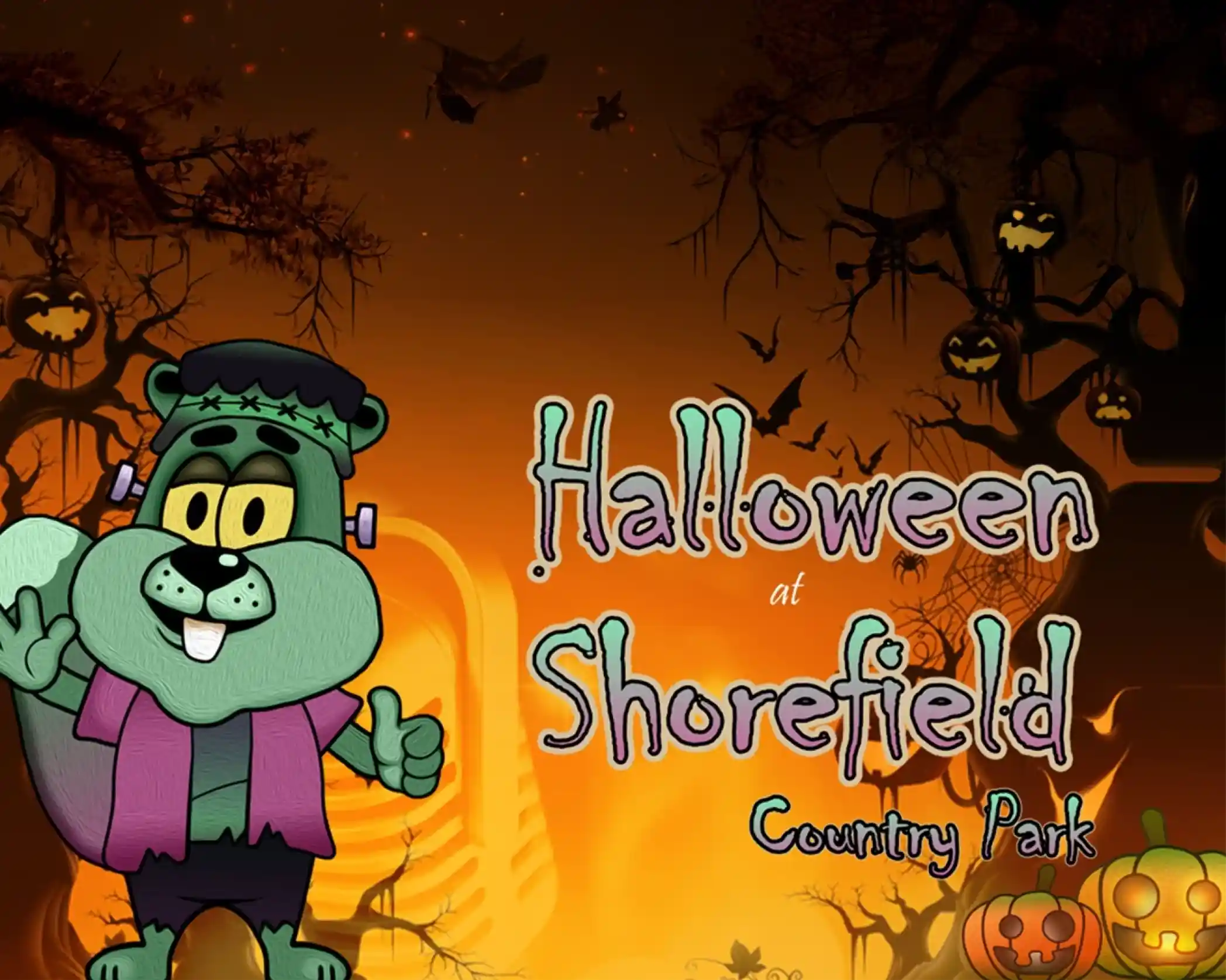 A cartoon character dressed as Frankenstein, with green fur and a purple outfit, waves and gives a thumbs up in front of a spooky, orange-lit forest background. The scene includes flying bats, jack-o'-lanterns, eerie trees with hanging pumpkins, and silhouettes of witches. Text reads: 'Halloween at Shorefield Country Park.