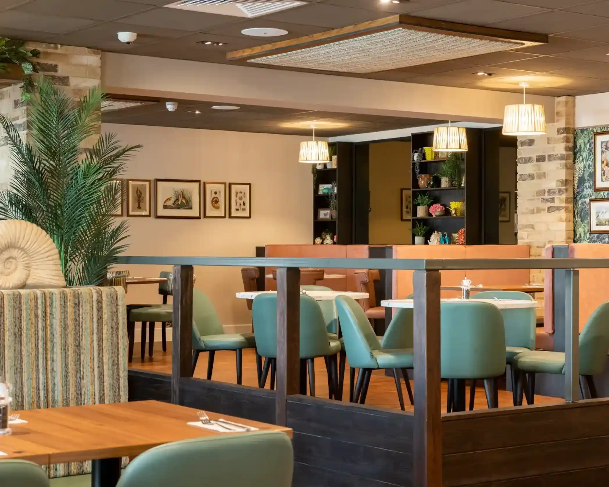 A cozy restaurant interior featuring green chairs at wooden tables, decorative plants, framed artwork on the walls, and warm lighting from hanging lamps.