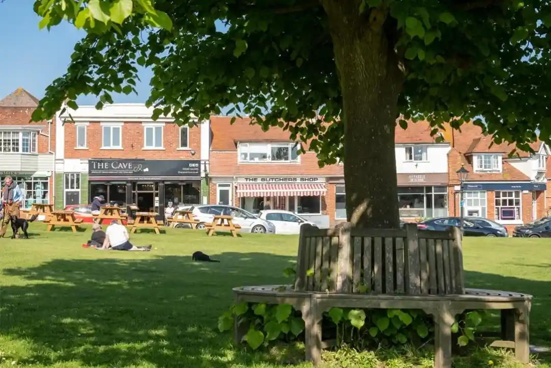 A park scene featuring a wooden bench under a tree, with a grassy area where people relax and socialize. In the background, there are several shops, including "The Cave" and "The Butchers Shop." Bright sunshine adds to the vibrant atmosphere.