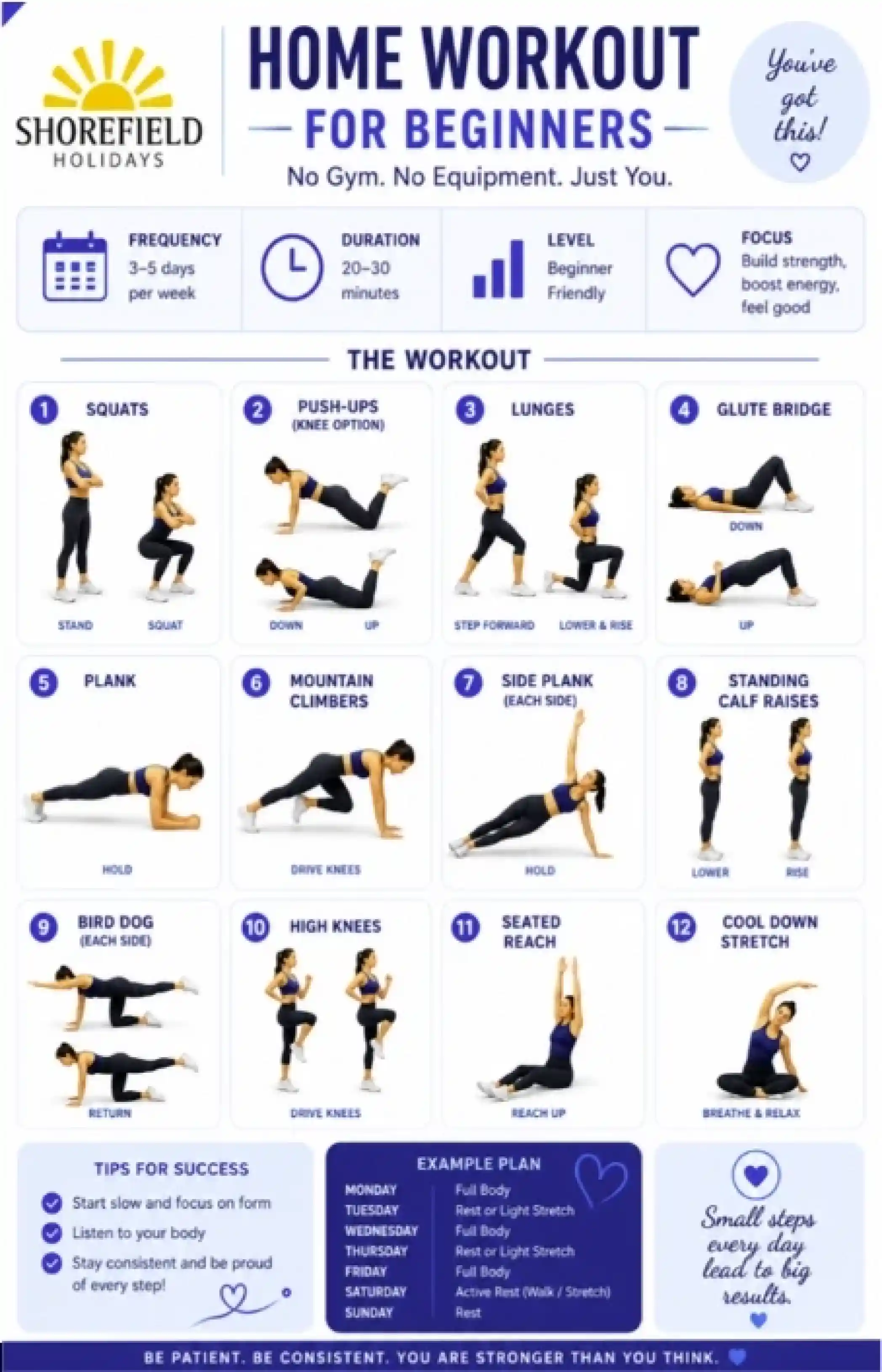 A colorful infographic outlining a home workout plan for beginners. It includes exercises like squats, push-ups, lunges, and planks, arranged in a grid format. Each exercise is accompanied by an illustration demonstrating the proper form. The plan emphasizes no gym or equipment needed and suggests a frequency of 3-5 days per week.