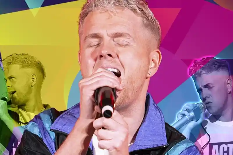 A singer passionately performs on stage, holding a microphone. The background features vibrant, abstract colors and multiple images of the artist in dynamic poses.