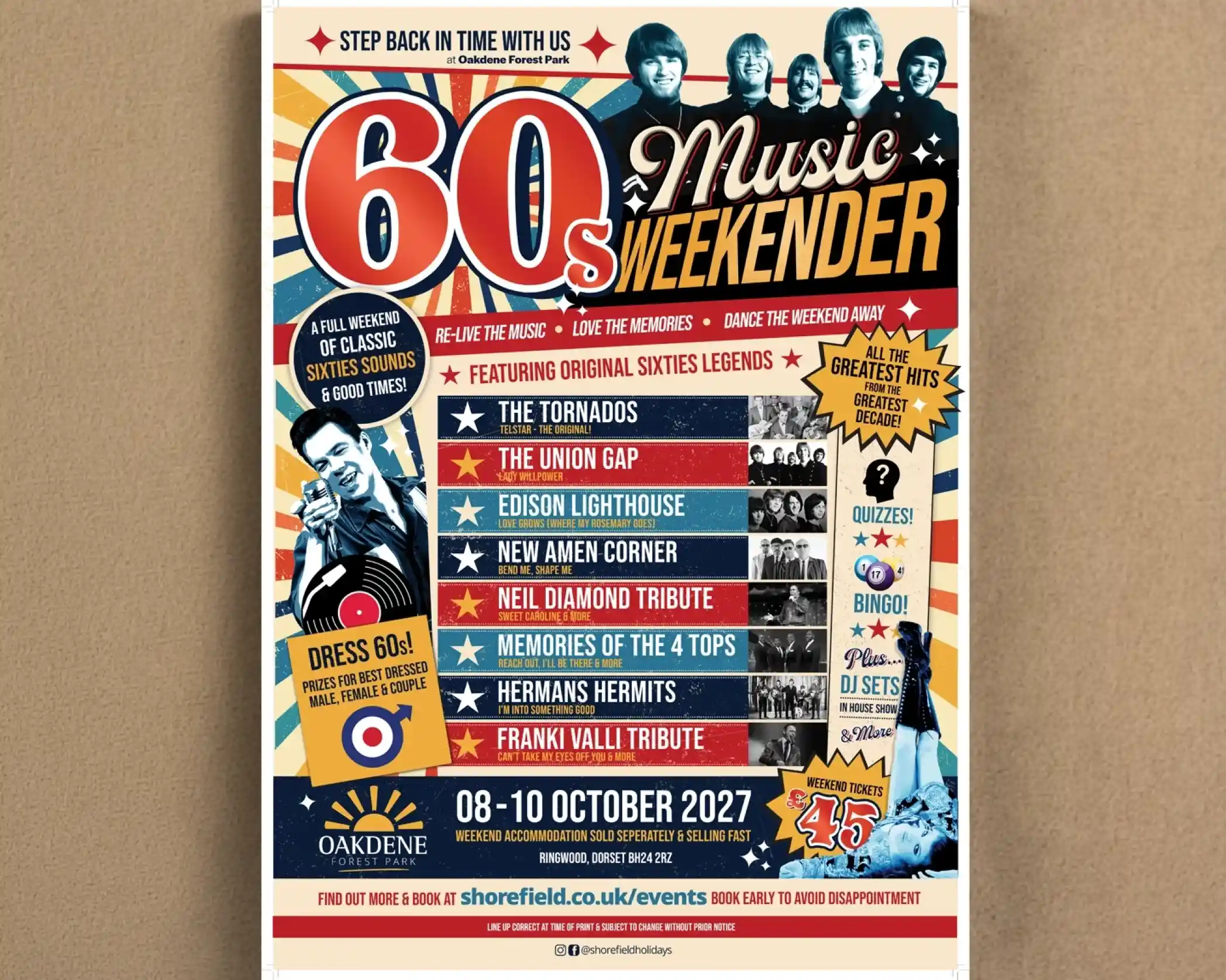 A colorful poster for a '60s Music Weekender featuring various musical acts, including The Union Gap, Edison Lighthouse, and a tribute to The Four Seasons. The event is scheduled for October 8-10, 2027, at Oakdene Park. It encourages attendees to dress in '60s style.