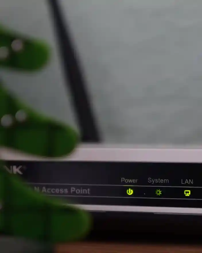Front view of a WiFi router with indicator lights for power, system, LAN, and WLAN turned on, partially obscured by a decorative green object resembling a Christmas tree