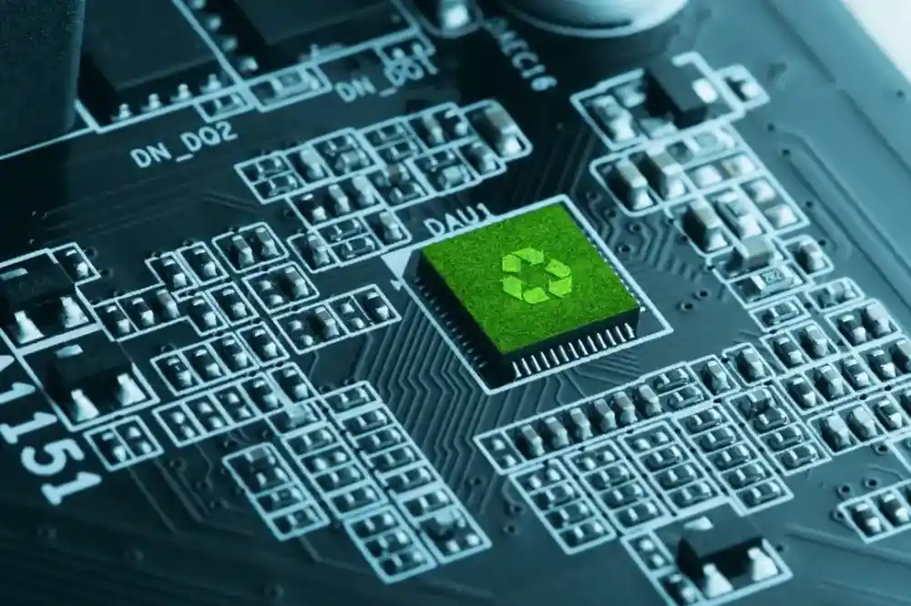 A close-up of a black circuit board featuring a green microchip with a recycling symbol. The board is detailed with numerous small components and connections.