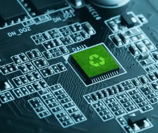 A close-up of a black circuit board featuring a green microchip with a recycling symbol. The board is detailed with numerous small components and connections.