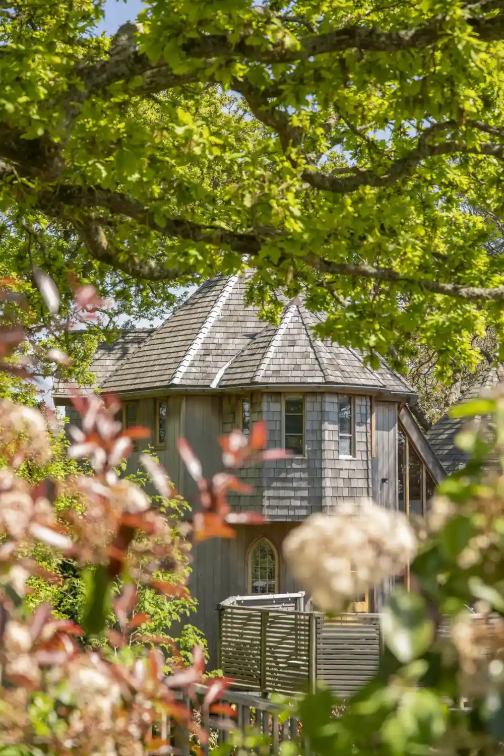 A charming wooden house with a unique conical roof, surrounded by lush green trees and colorful flowering plants. Sunlight filters through the leaves, creating a warm and inviting atmosphere.