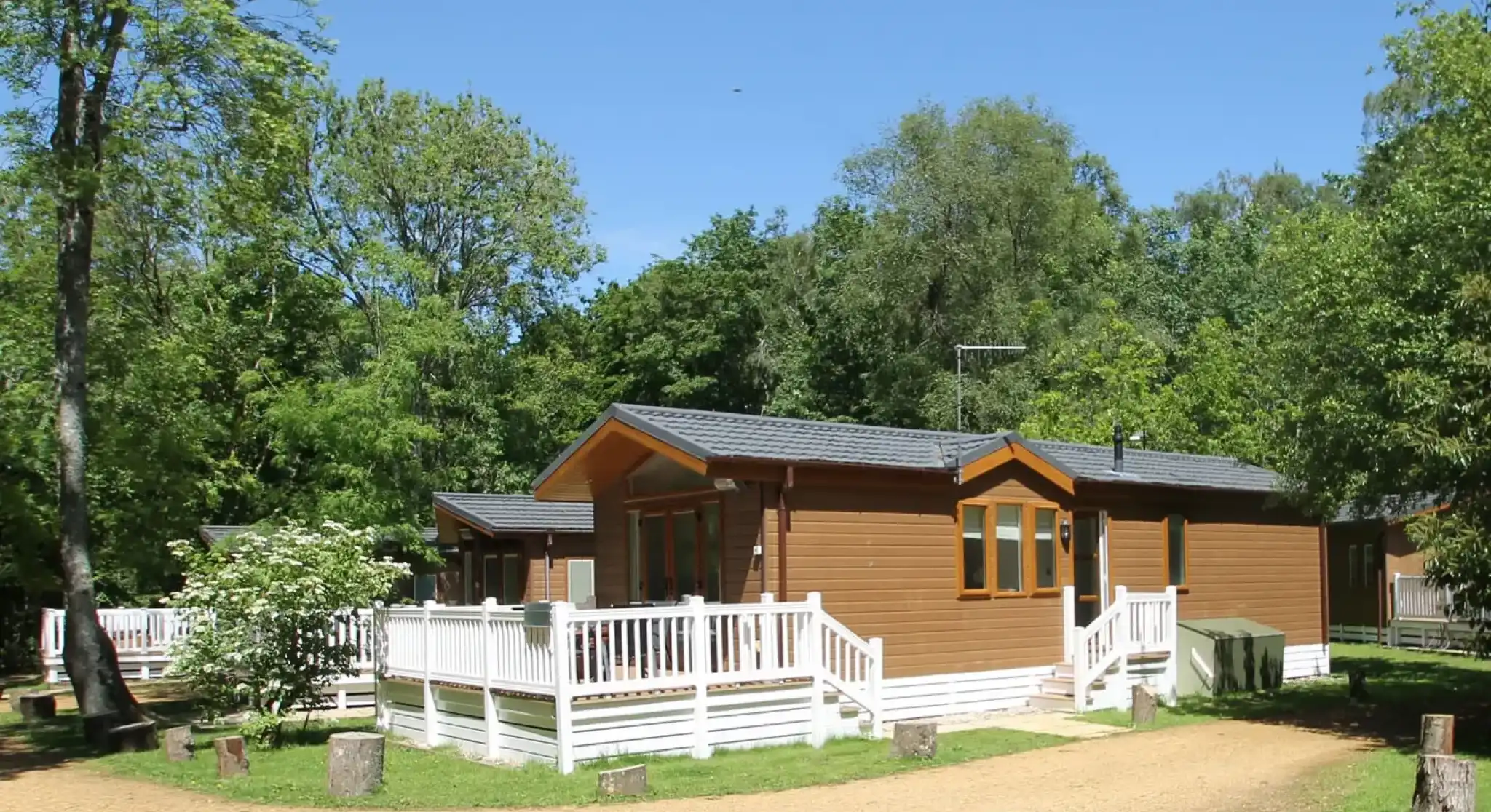 A wooden cabin surrounded by greenery and trees, featuring a white railing and a gravel pathway leading up to it. Clear blue sky above.