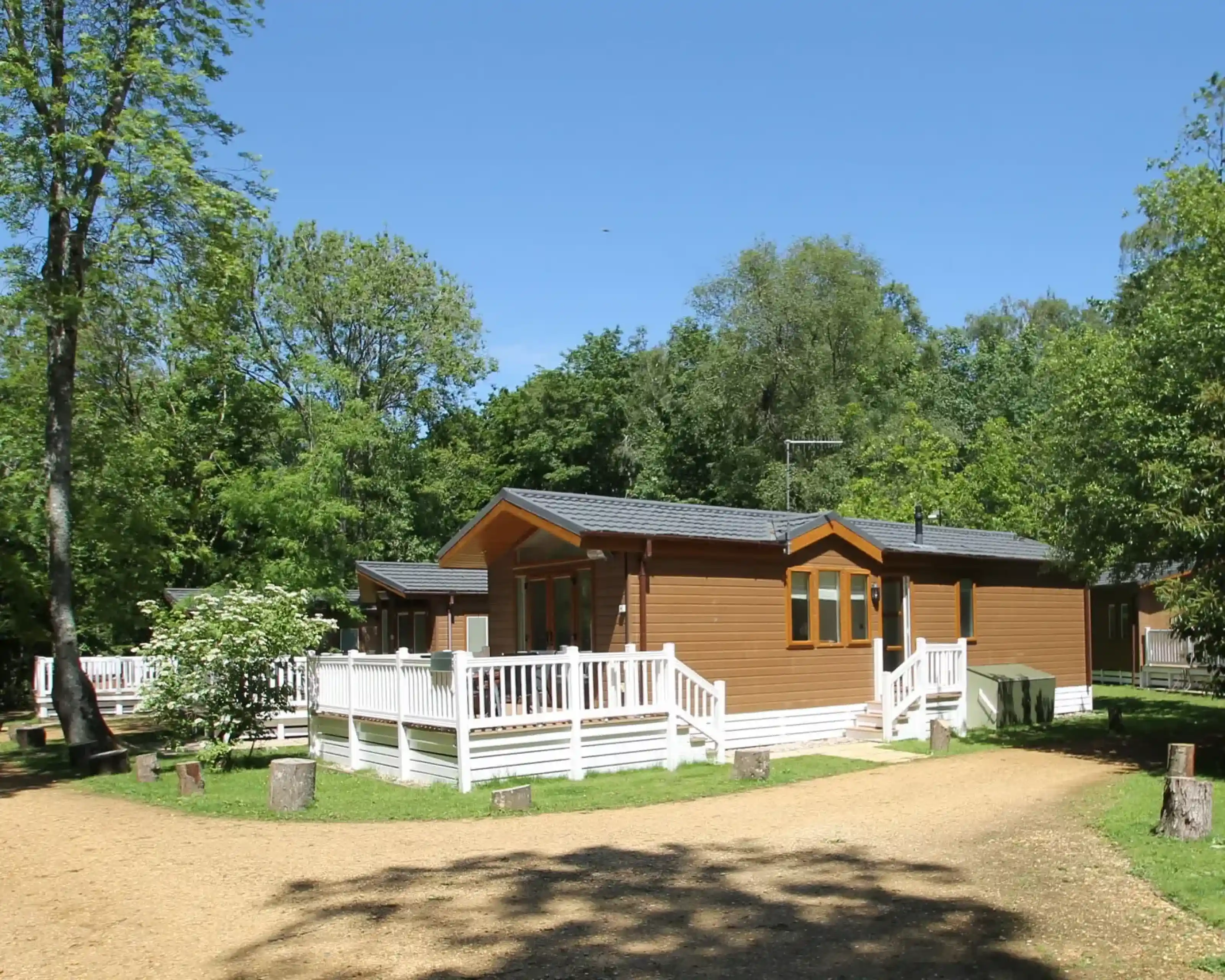 A wooden cabin surrounded by greenery and trees, featuring a white railing and a gravel pathway leading up to it. Clear blue sky above.