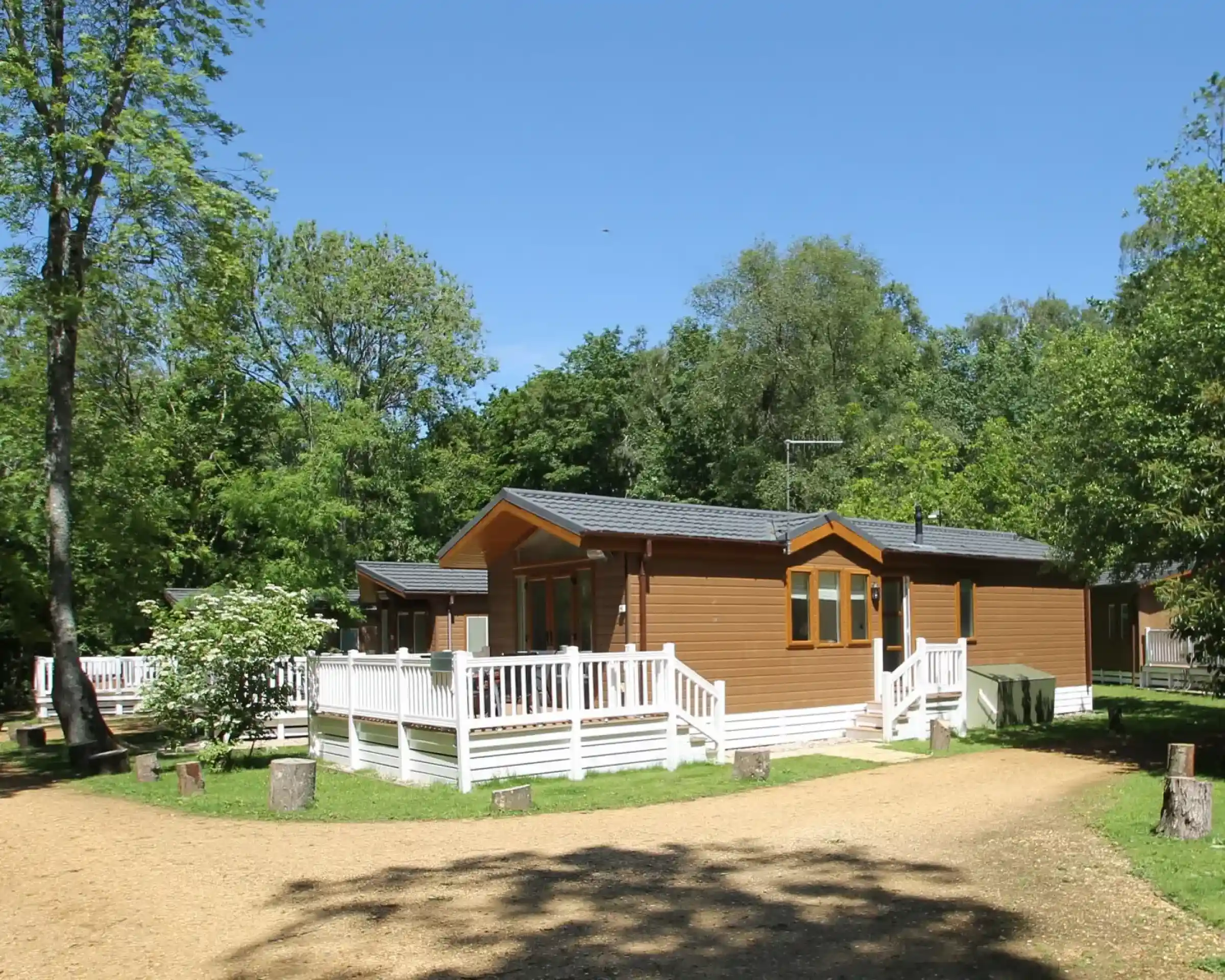 A wooden cabin surrounded by greenery and trees, featuring a white railing and a gravel pathway leading up to it. Clear blue sky above.