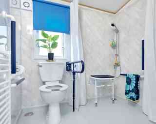 A bright and modern bathroom featuring a white toilet, grab bars, a shower with a handheld fixture, and a shower bench. A blue roller blind covers the window, and a potted plant sits on the windowsill. A towel hangs from a rack, adding a pop of color.