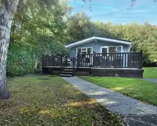A cozy gray cabin with a dark wooden deck surrounded by greenery, featuring steps leading up to the entrance. A pathway made of stone tiles is visible in the foreground.