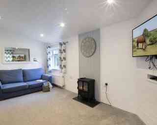 Cozy living room featuring a blue sofa, a wall clock, a television displaying a horse, and a fireplace on the floor. The room has light-colored walls and curtains with floral patterns.