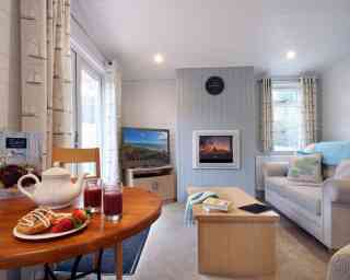 A cozy living room with light walls and a large window. A comfortable sofa is paired with a coffee table, while a dining table holds a teapot and glasses of juice, alongside pastries and strawberries. A TV is visible on one side, and a modern fireplace adds warmth to the setting. Natural light fills the space, enhancing its inviting atmosphere.