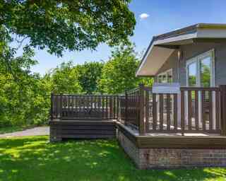 A wooden deck attached to a modern house, surrounded by lush green trees and grass under a clear blue sky. The deck features a railing and steps leading down to the yard.