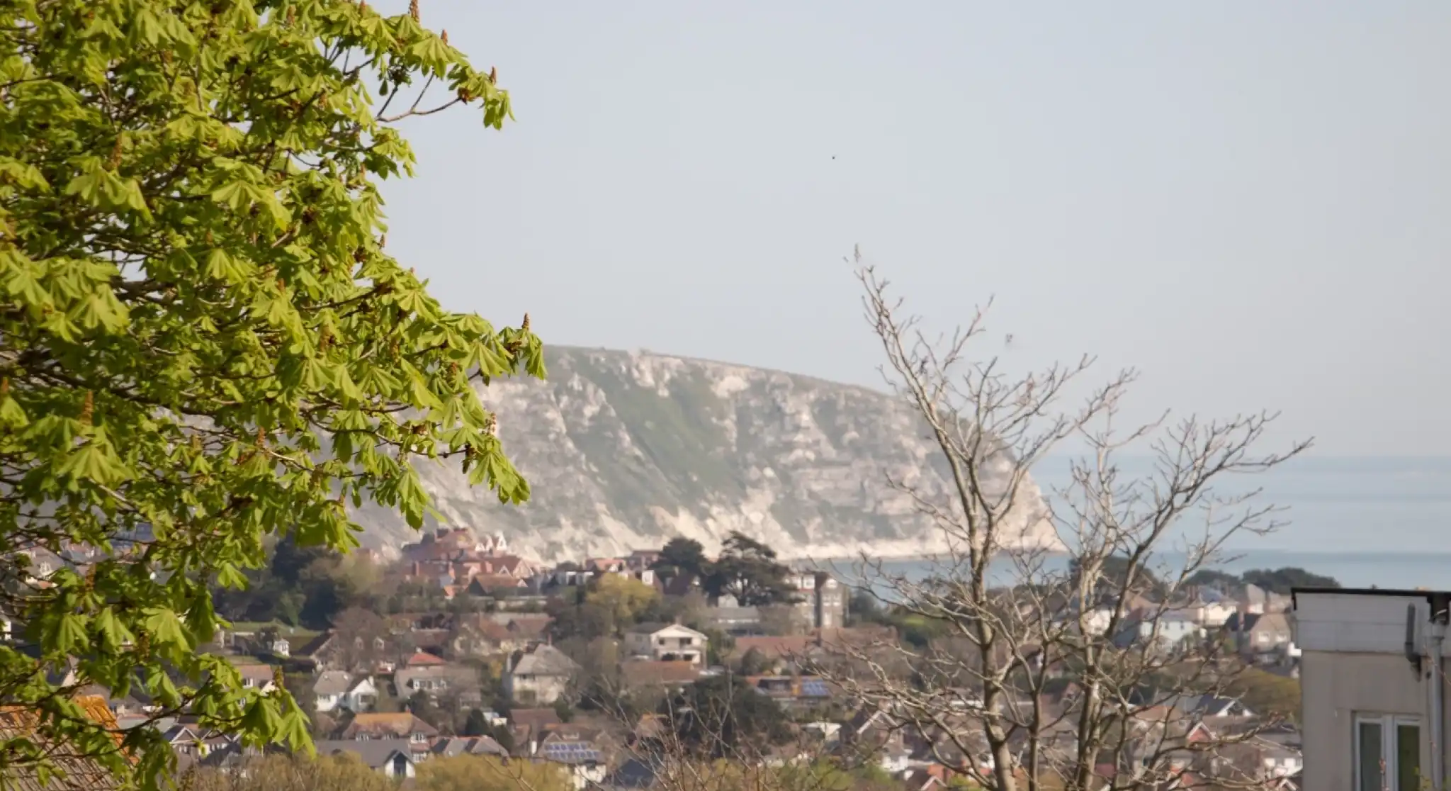 A view of a coastal landscape featuring a green hillside, distant cliffs, and a small town with houses nestled among trees. The sky is clear and blue, enhancing the serene atmosphere.
