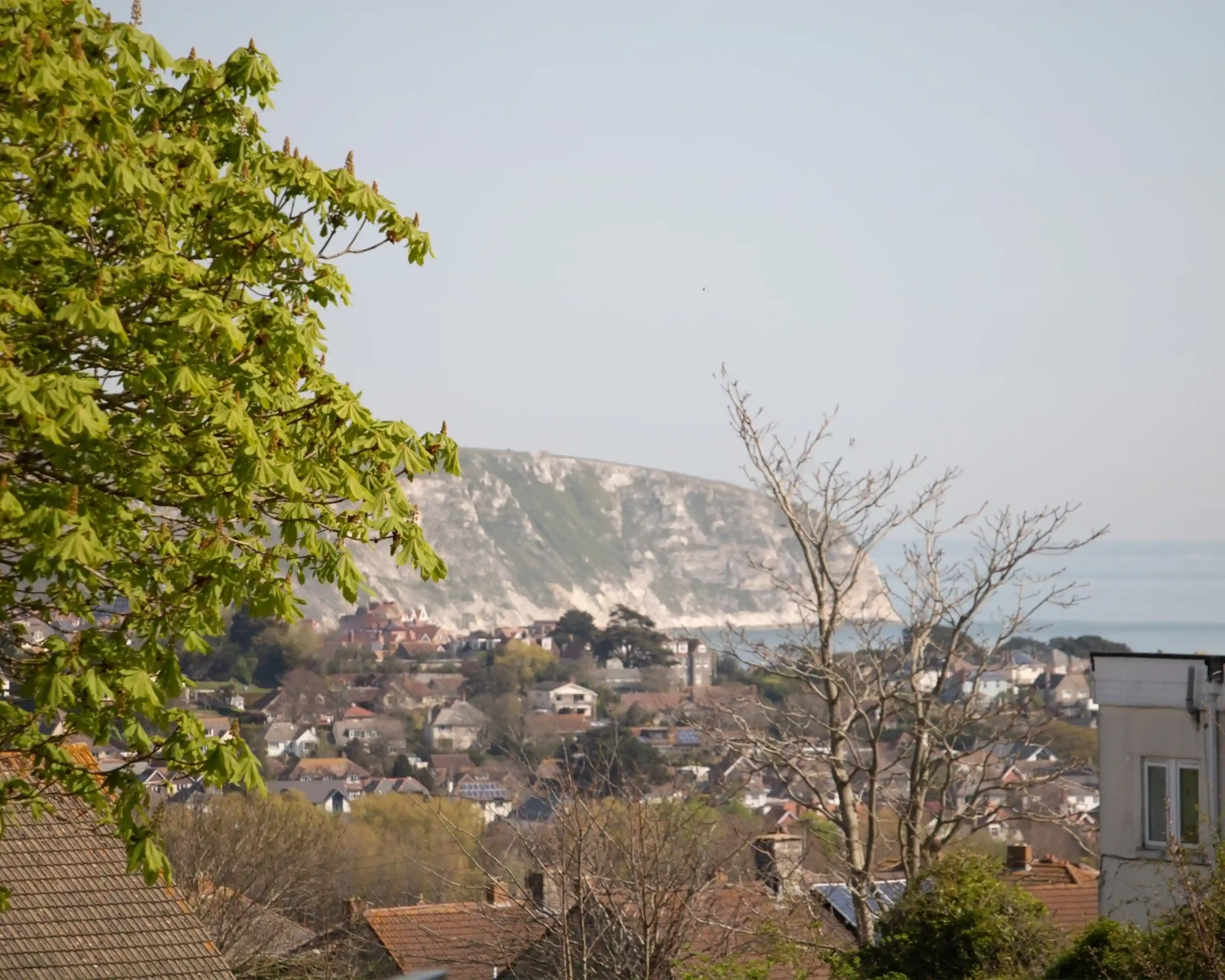 A view of a coastal landscape featuring a green hillside, distant cliffs, and a small town with houses nestled among trees. The sky is clear and blue, enhancing the serene atmosphere.