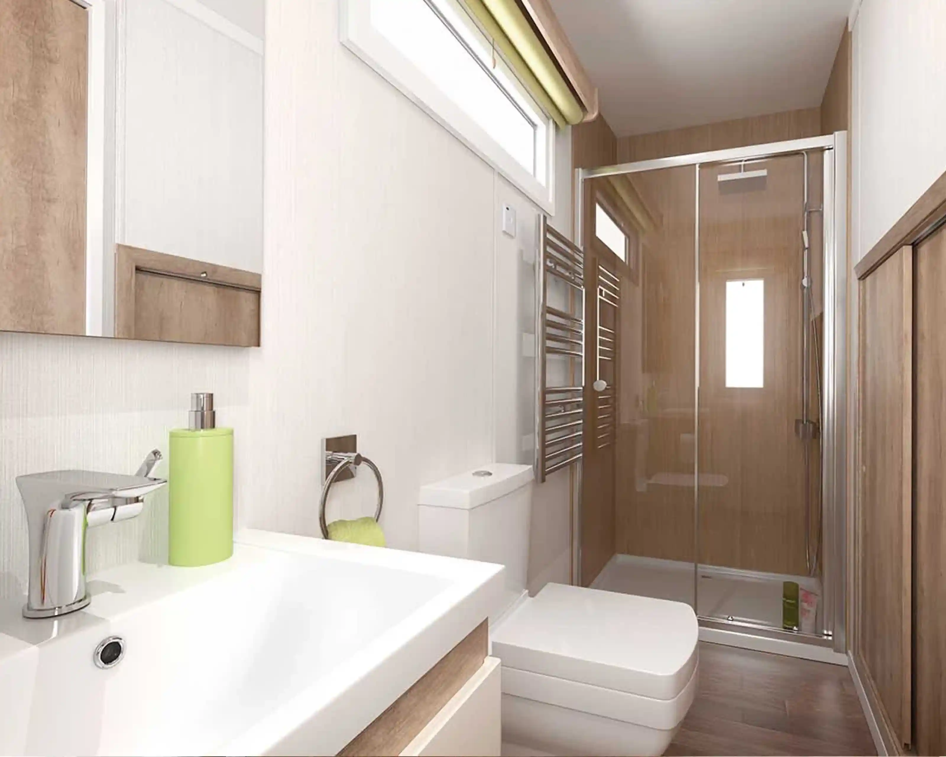 A modern bathroom featuring a glass shower, a sleek sink with a chrome faucet, and a toilet. The walls are a light wood finish, complemented by a towel warmer. Natural light streams in through a small window.