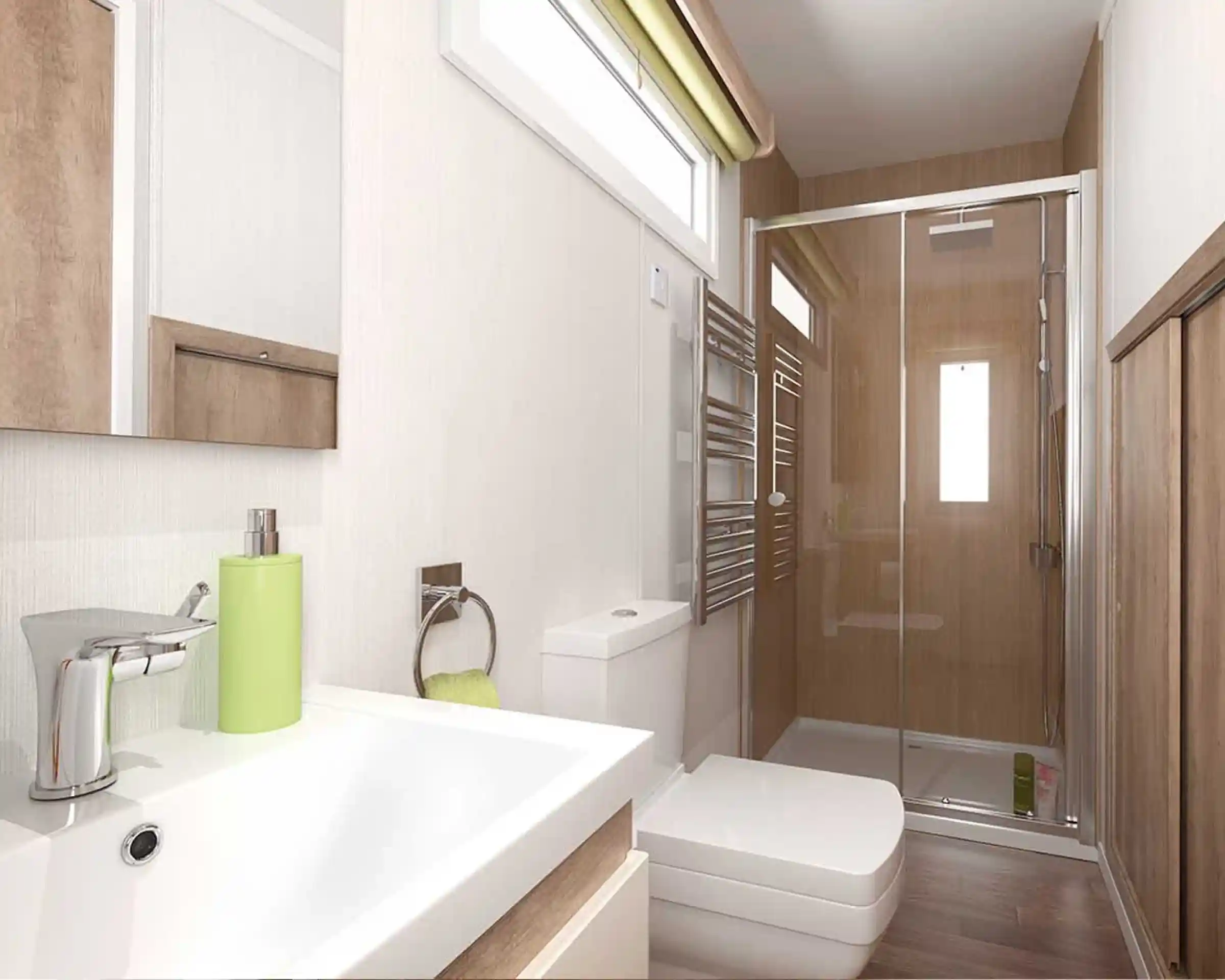 A modern bathroom featuring a glass shower, a sleek sink with a chrome faucet, and a toilet. The walls are a light wood finish, complemented by a towel warmer. Natural light streams in through a small window.