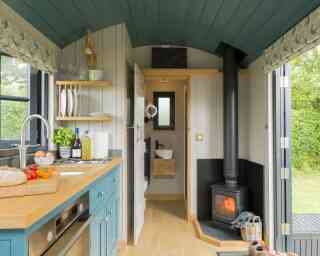 A cozy tiny home interior featuring a small kitchen with teal cabinets, a wooden countertop, and stainless steel appliances. A wood-burning stove is visible in the corner, with a warm glow. Natural light enters through a window, highlighting the simple yet functional design. Greenery can be seen outside through the door.