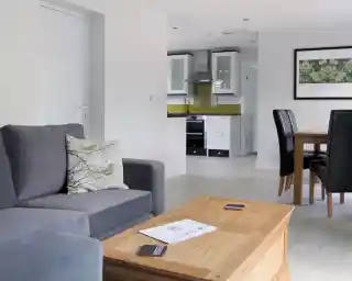 A modern living room featuring a gray sofa with a patterned pillow, a wooden coffee table, and a dining area with a wooden table and black chairs. In the background, a kitchen with white cabinets and a yellow backsplash is visible.