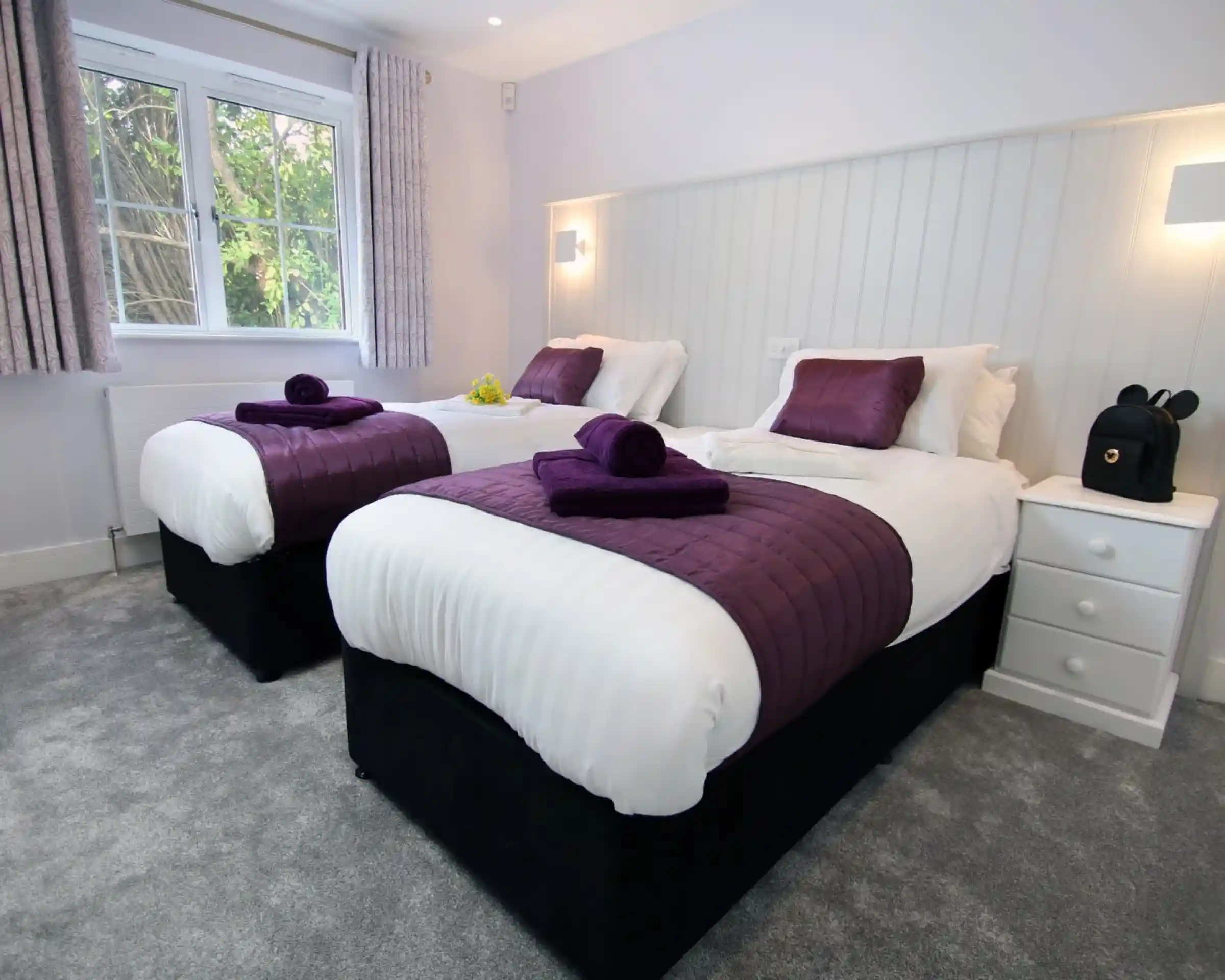 Two twin beds with white linens and purple accents are positioned in a bright, modern room. The beds feature purple throws and towels, and there is a small bedside table with drawers. Large windows let in natural light, and the room has soft gray carpeting.