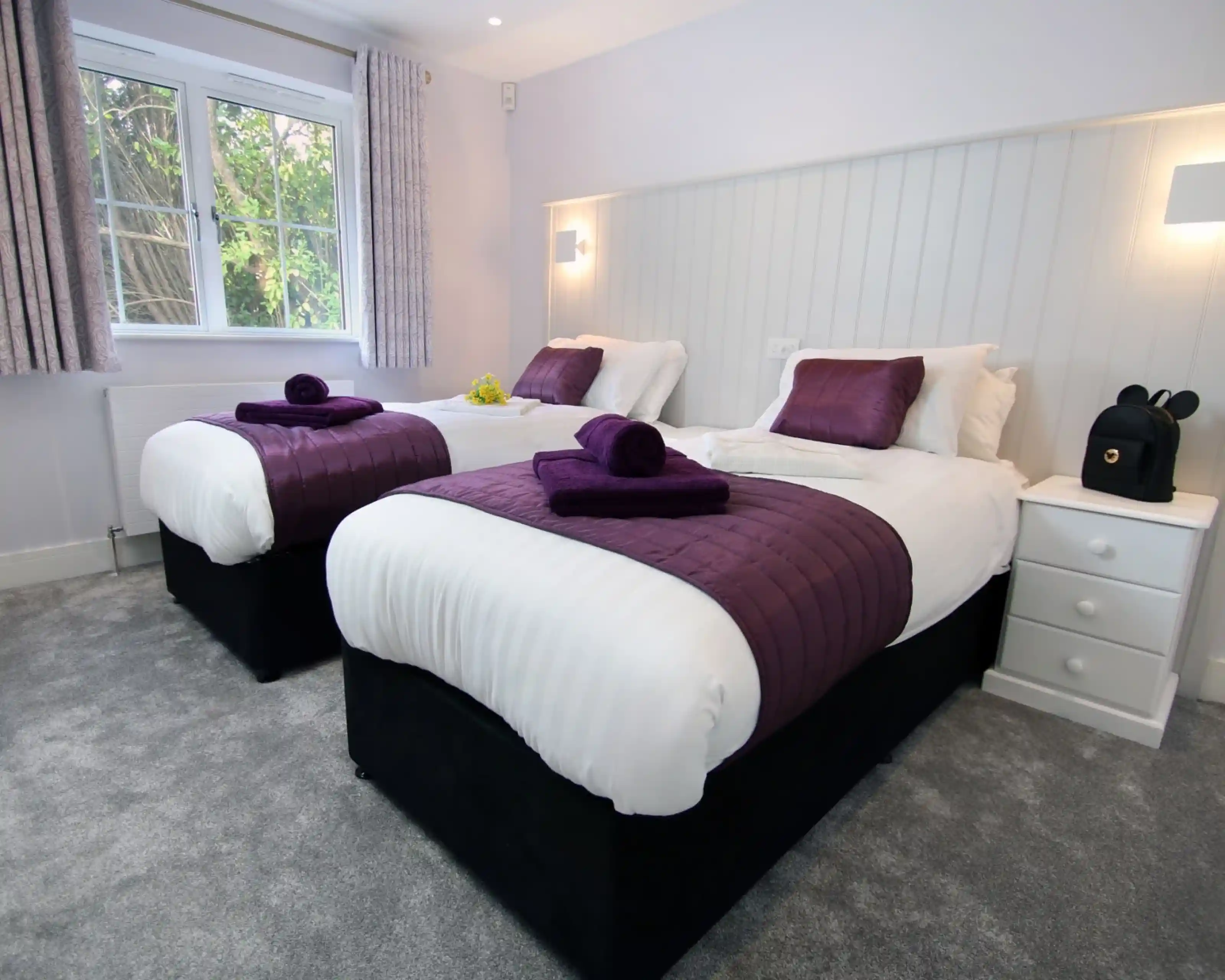 Two twin beds with white linens and purple accents are positioned in a bright, modern room. The beds feature purple throws and towels, and there is a small bedside table with drawers. Large windows let in natural light, and the room has soft gray carpeting.