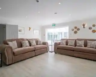 Two brown sofas with decorative pillows are arranged facing each other in a well-lit room. The walls feature decorative wall art and the floor is a light wood finish.