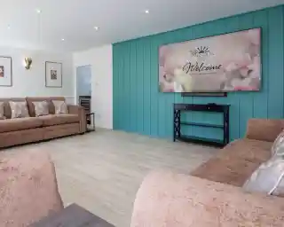 A modern living room featuring two brown sofas with floral pillows, a large wall-mounted television displaying a "Welcome" message, and a stylish console table. The walls are painted light turquoise, complemented by wooden flooring.