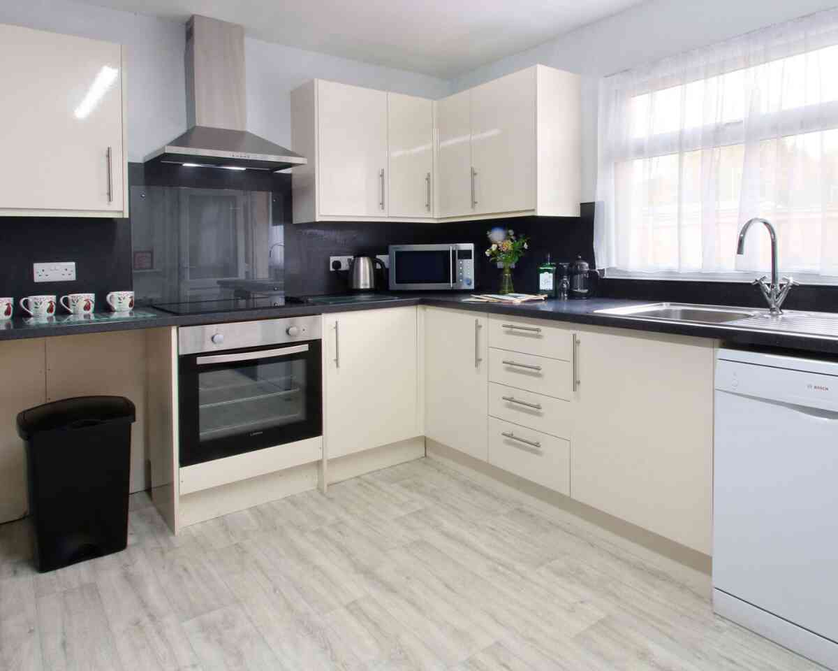 Modern kitchen featuring light-colored cabinets, a black countertop, and stainless steel appliances. A sink is located beneath a window, with a microwave and a kettle on the counter. A black trash bin is placed to the side.
