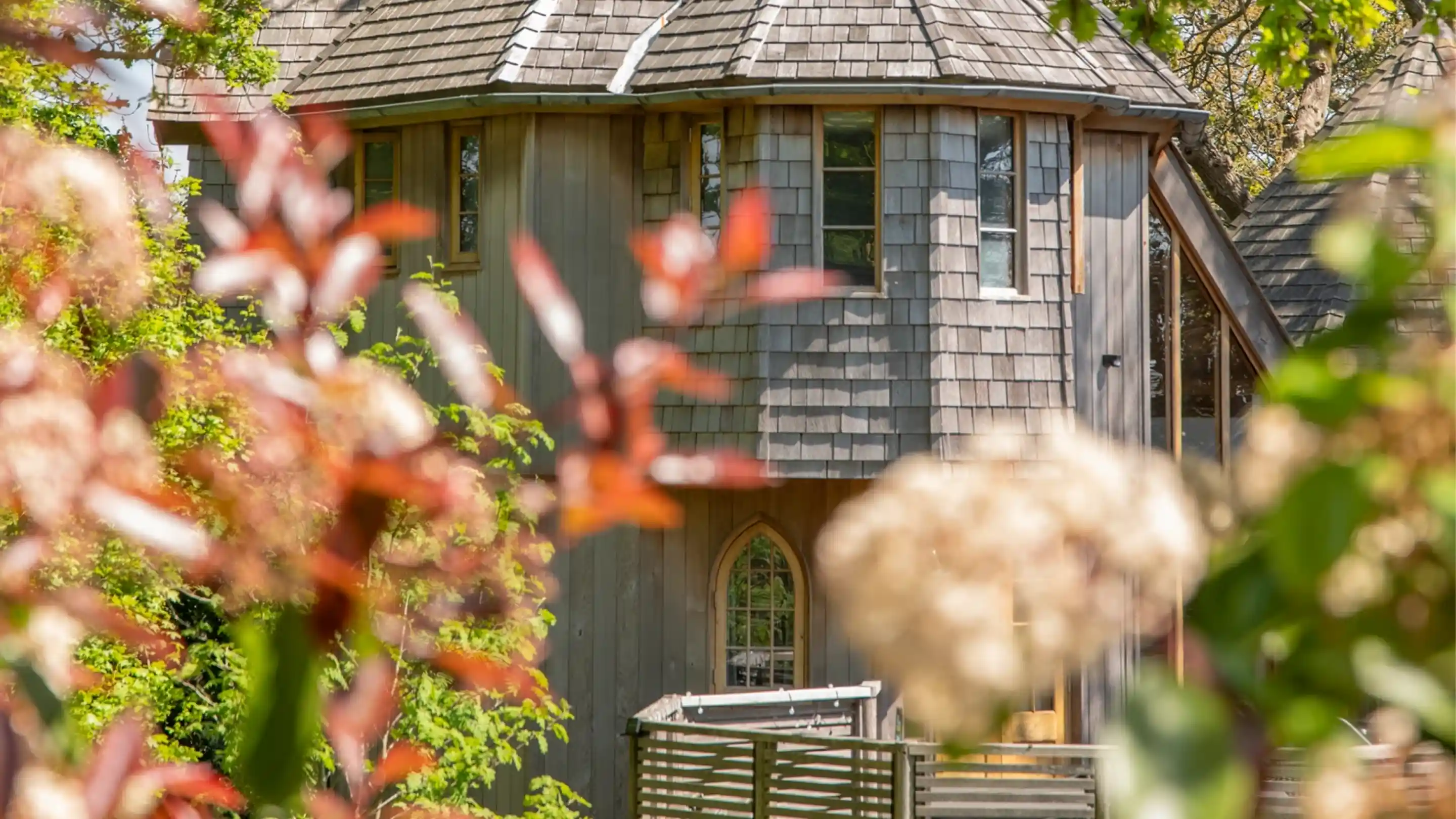 A wooden building with a unique, rounded roof and multiple windows is partially obscured by colorful foliage. The building features a gothic-style window and is surrounded by vibrant greenery.