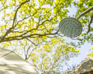 A showerhead with water cascading down, surrounded by lush green foliage and a bright blue sky in the background.