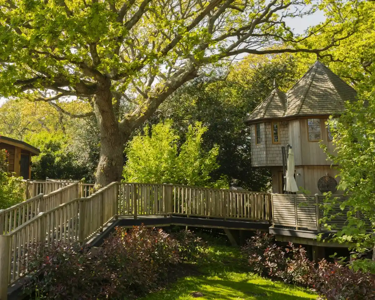 A wooden treehouse with a conical roof sits nestled among lush green trees and foliage, connected by a wooden walkway. Vibrant plants and grass surround the area, creating a serene outdoor environment.