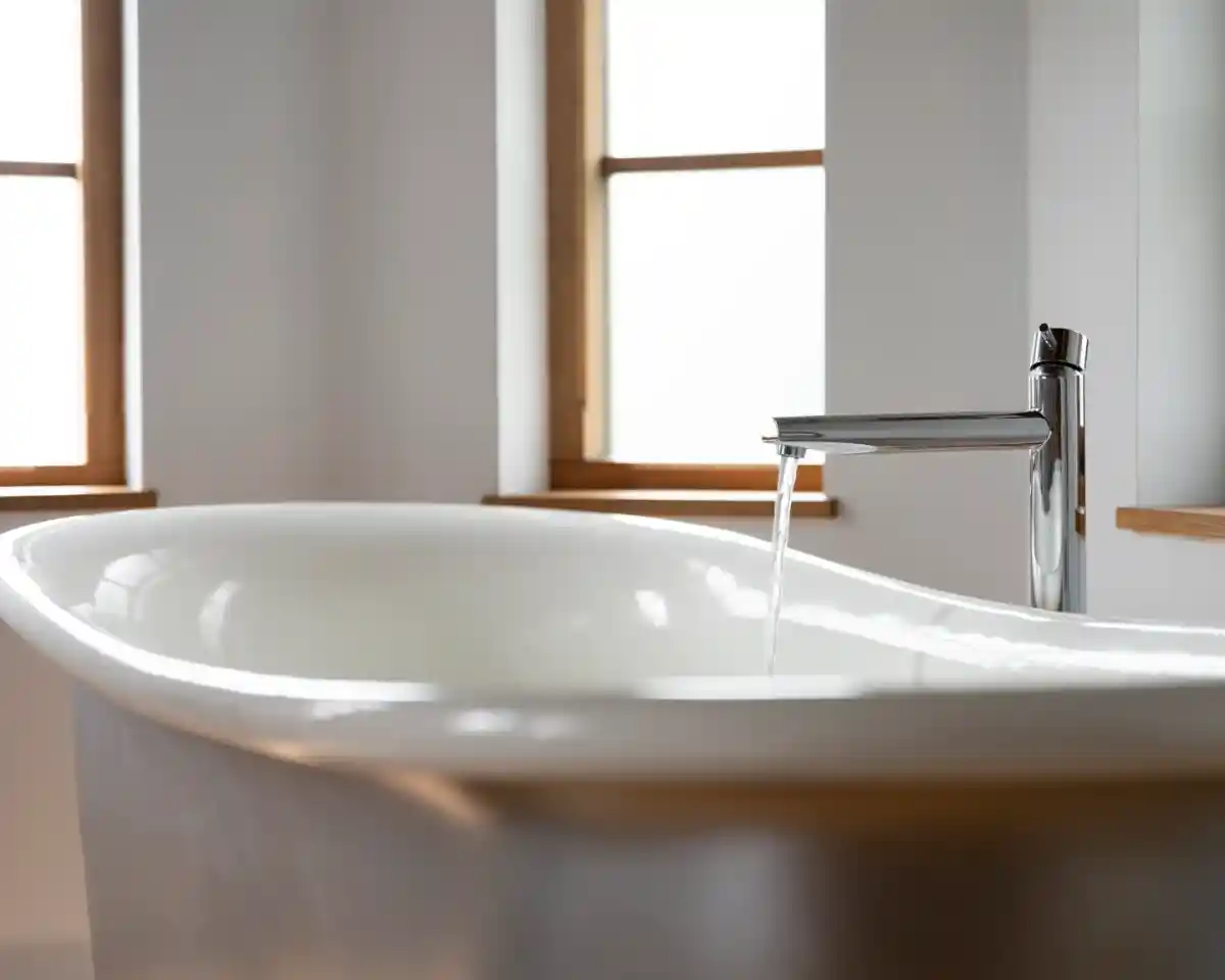 A modern freestanding bathtub with a sleek chrome faucet, water flowing into the tub. Sunlight streams through two windows, illuminating the minimalist bathroom design.