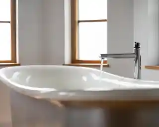 A modern freestanding bathtub with a sleek chrome faucet, water flowing into the tub. Sunlight streams through two windows, illuminating the minimalist bathroom design.