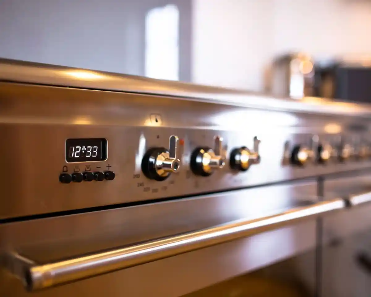 Close-up of a stainless steel oven control panel with knobs for temperature and time settings, displaying the time as 12:33.