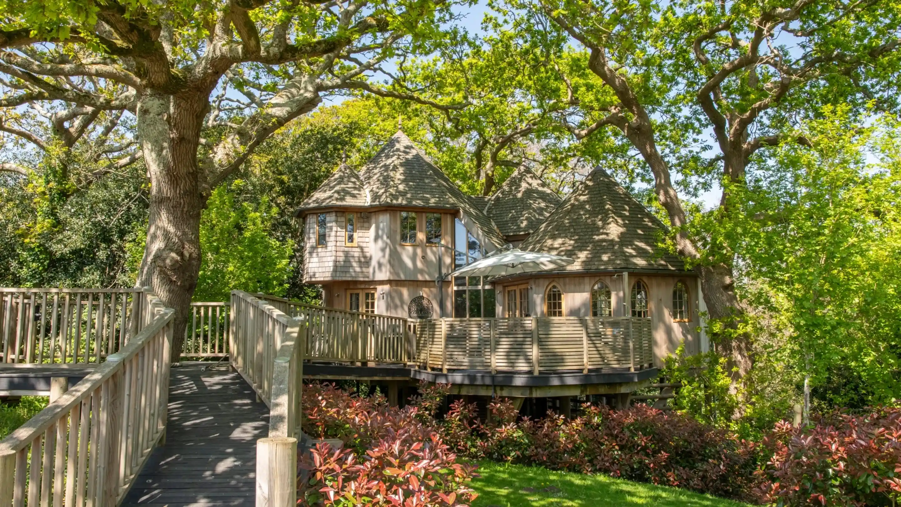 A charming treehouse nestled among large trees, featuring a wooden deck surrounded by lush greenery and colorful plants. Sunlight filters through the leaves, illuminating the unique architectural details of the house.