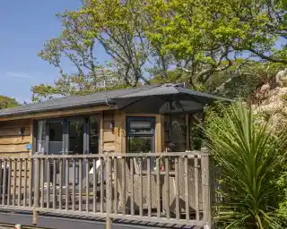 A cozy wooden cabin with a gray roof and a covered porch, surrounded by greenery and trees. The porch features a wicker seating area and a decorative piece hanging. Bright blue sky peeks above the structure.