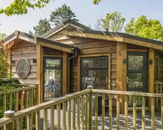 A modern wooden cabin with large windows and a rounded roof. A wooden deck leads up to the entrance, surrounded by greenery. Sunlight filters through the trees, creating a warm and inviting atmosphere.