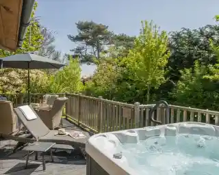 A sunny outdoor deck with a hot tub, lounge chairs, and a small table, surrounded by lush greenery and trees. An umbrella provides shade, adding to the relaxing atmosphere.